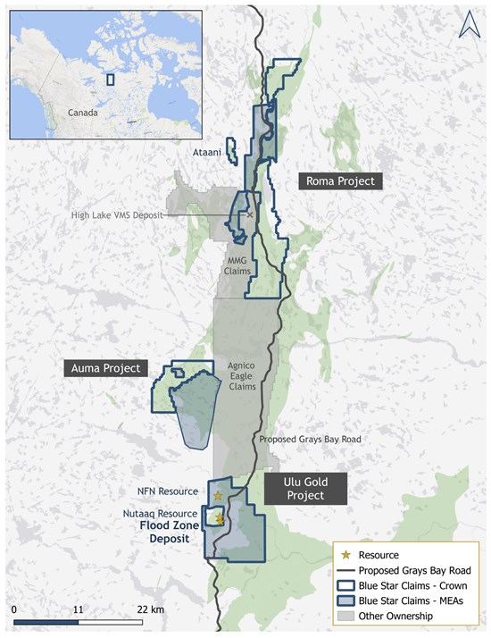 Location map showing Blue Star Gold landholdings in the High Lake Belt, Nunavut