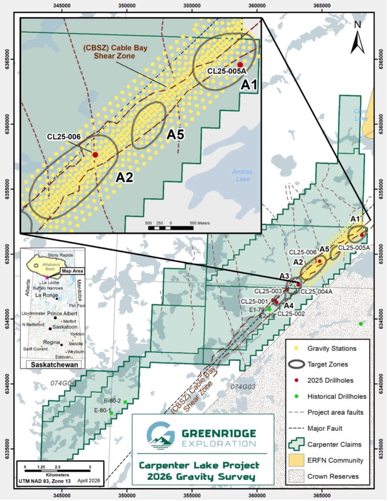 Carpenter Lake uranium project target zones along the Cable Bay Shear Zone, Athabasca Basin