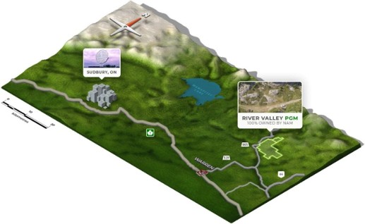 Location of the River Valley PGM project relative to the Sudbury metallurgical complex, Ontario