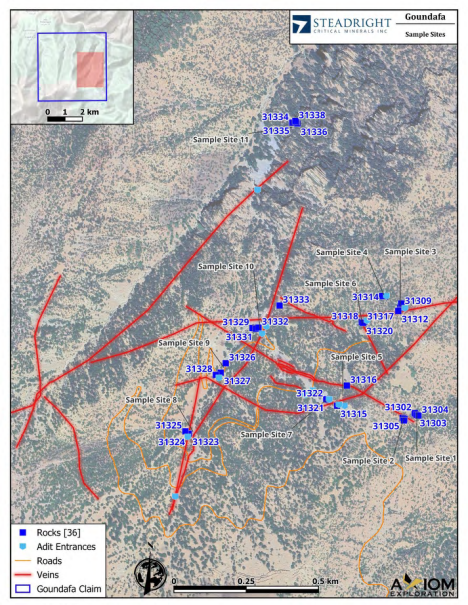 ESRI FieldMaps field map of mineralized tailing piles sampled at the Goundafa mine site, May 2026