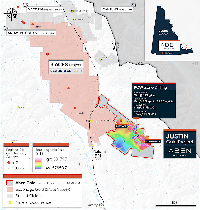 Justin gold-tungsten project location and target zones, southeastern Yukon