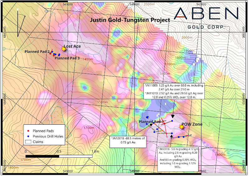 Planned 2026 drilling at the POW Zone, Justin gold-tungsten project, Yukon